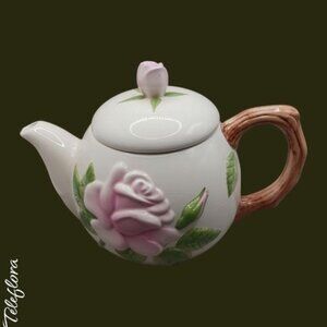 Teleflora rose ceramic teapot white pink color